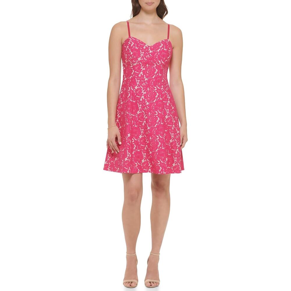 Guess Women's Lace Tank Skater Mini Dress Sz 8 Hot Pink Nude Sweetheart Regency